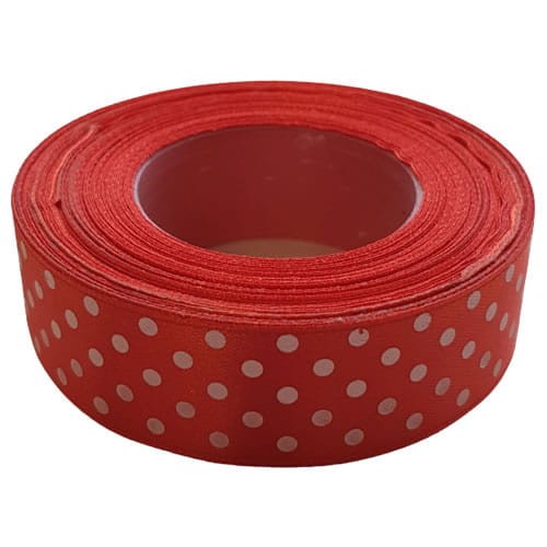 Wstążka satynowa KROPKI 25mm x 22m CZERWONA