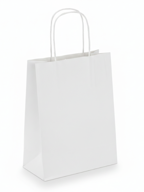 torba papierowa 18 x 8 x 22,5 cm biała. uchwyt skręcany