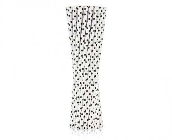 Słomki papierowe białe w czarne groszki 6x197 mm / op. 250 szt