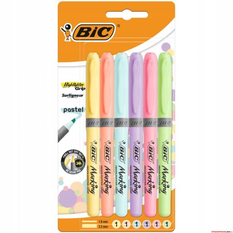 Zakreślacze BIC Highlighter Grip Pastel mix Blister 6szt, 992561