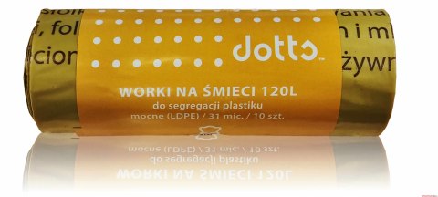 Worki na śmieci 120l 10szt., DOTTS, do segregacji plastiku, mocne (LDPE), 31mic., żółte