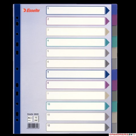 Przekładki plastikowe Multicolor PP, A4 Maxi - 12 kart Esselte, 20649